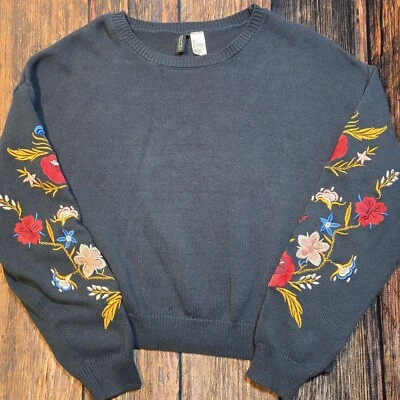 Suéter Corto Boho Dividido Bordado Floral Azul Marino Pullover Para Mujer Grande Foto 1 de 4