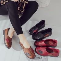 Women's Comfort Soft Slip On Shoes Casual Shoes Round Toe Flat Leather Pumps 