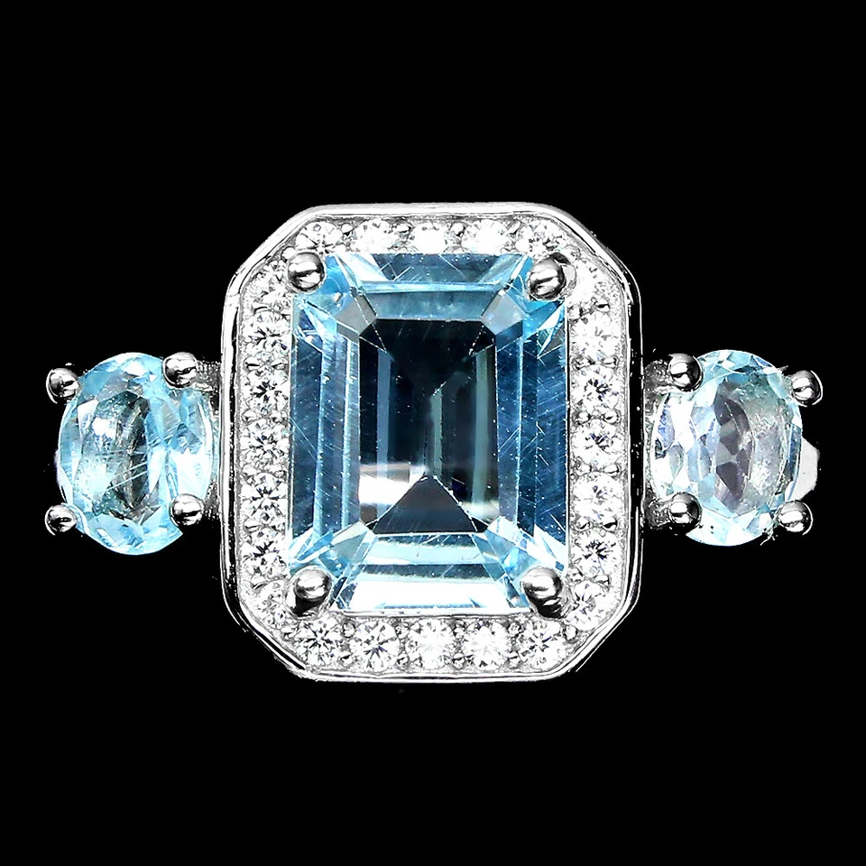 925 Anello Argento Sterling Ottagono Topazio Blu 9x7mm Gemma Gioielli Misura 6 - Immagine 1 di 4