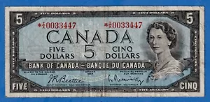 Canada $5 1954 BC-39bA / P-77b REPLACEMENT NOTE (Circulated) *I/X 0033447 - Foto 1 di 3