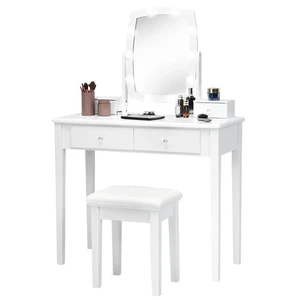 Vanity Table Set w/ Lighted Mirror Adjustable 10 Bulbs Dresser 4 Drawer White - Picture 1 of 9