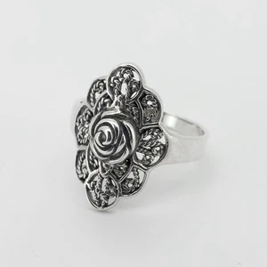 Silver Floral Rose Ring Statement Decorative Filigree 925 Sterling Vintage Sz M - Picture 1 of 10
