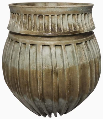 Jarrón de cerámica de gres acanalado esgrafiado celedon glzd vintage 1974 vintage sgnd Foto 1 de 4