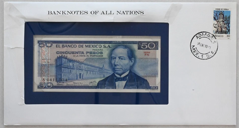 Billetes de 50 pesos de México 1982 de todas las naciones. Sello de 50 centavos RC0500 combinar sh Foto 1 de 2
