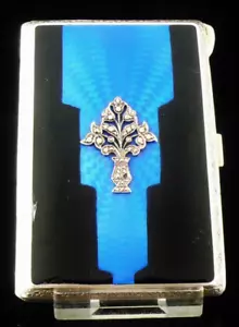 Art Deco Sterling Silver Enamel Marcasite Cigarette Case, London 1930 - Picture 1 of 12