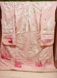 Vintage Japanese Wedding Kimono Uchikake Pink Embroidery Cranes Flowers Silk F/S - Picture 1 of 20