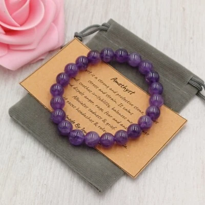 AMETHYST Bracelet Stretch Fit Handmade +Gift Bag & Card Crystal Gemstone 4/6/8mm - Image 1 of 4