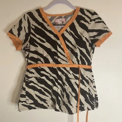 Koi Scrub Top Medical Uniform Mock Neck Black White Peach Small - Image 1 of 4