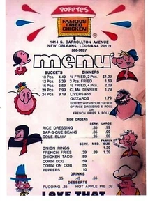 EARLY POPEYES FRIED CHICKEN MENU 8.5X11 GLOSSY REPRINT VINTAGE - Picture 1 of 1