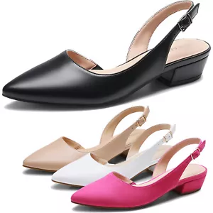 Women Slingback Low Block Heel Closed Pointed Toe Ankle Strap Dress Pump Shoes - Picture 1 of 34