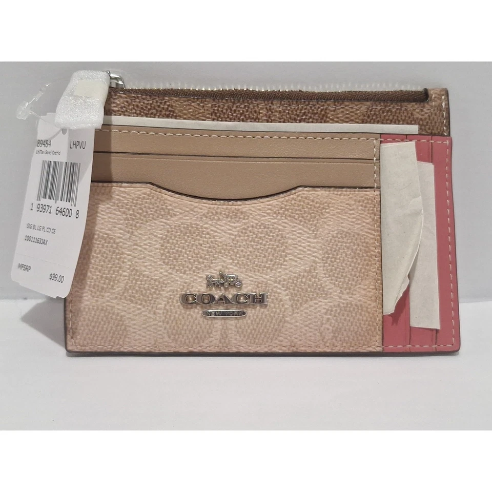 Estuche para tarjetas Coach Signature con cremallera en esquina 89484 color tostado arena orquídea nuevo con etiquetas Foto 1 de 4