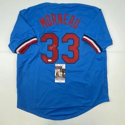 Autographed/Signed JUSTIN MORNEAU Minnesota Retro Blue Baseball Jersey JSA COA - Image 1 of 4