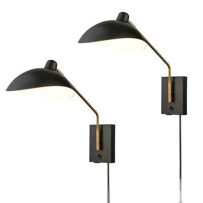 CLAXY Plug in Wall Sconce Swing Arm Wall Light Matte Black with USB Charge Po... - Image 1 of 4