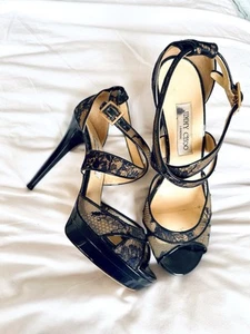 Jimmy Choo London Navy Blue Lace High Heeled Strappy Sandals Size 40 - Picture 1 of 13
