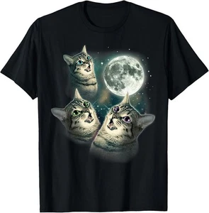Funny Cat Shirt Three Cat Moon 3 Wolfs Cute Kitten Graphic T-Shirt - Picture 1 of 3