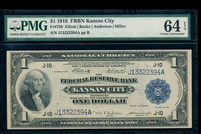 AC Fr 738 1918 $1 FRBN Kansas City PMG 64 EPQ UNCIRCULATED spread eagle - Image 1 of 2