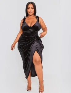 PrettyLittleThing Dress Womens 26 Black Velvet Midi Draped Vampire Whimsigoth - Picture 1 of 11