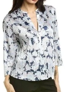 VINCE Top Lotus Pleated Floral Crinkle Blue Pink Blouse Button Down Satin 3X NWT - Picture 1 of 12