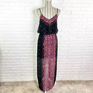 Maxi Vestido Express Boho Estampado Volantes en Niveles Extra Pequeño Negro Rosa Rojo - Imagen 1 de 8