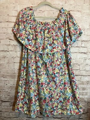 H&M Prairie 连衣裙女式 XL 多彩微型花卉口袋露肩 — 第 1/4 张图片