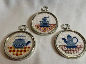 Lot of 3 Handmade Cross Stitched Tea Pots & Coffee Grinder Kitchen Hanging Decor - Picture 1 of 5