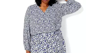 J Jason Wu Floral Print Long Sleeve Wrap Blouse- Blue Floral, XL - Imagen 1 de 1
