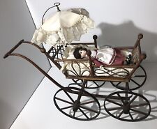 Antique Baby Doll & Carriage Wood & Wicker Stroller Baby Buggy