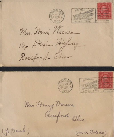 Lot of 2 U S Stamp Covers Airplane Cancel "Airmail Saves Time"  With a Bi-Plane Cover