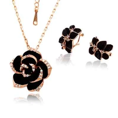 Conjunto de joyas con esmalte de flores rosa color oro rosa negro juegos de joyas nupciales para mujer Foto 1 de 4