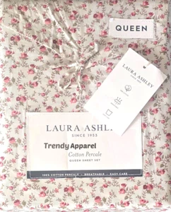 Laura Ashley Cotton Percale Beige & Pink Floral QUEEN Sheet Set - Picture 1 of 5