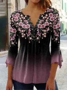 2025 Autumn New Tees For Women's V Neck Button Floral Printed T Shirt Long Flare - Picture 1 of 34