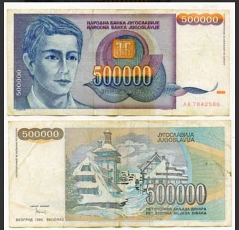 100 PCS F-VF Yugoslavia, 500,000 (500000) Dinara, 1993, AA-Prefix, Young man Cover