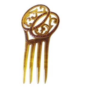 VTG Large Antique Bakelite Celluloid Hair Comb Red Rhinstones 6 inches Gold - Picture 1 of 6
