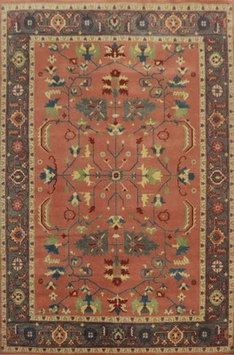 Handmade Pink / Coral Wool Oushak Rug 9x12 Ft Oriental Floral Indian Area Rug - Image 1 of 4