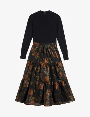 NEW, Ted Baker Audria floral-print knit midi dress in Black Size 4 US 10 #D7966 - Image 1 of 4