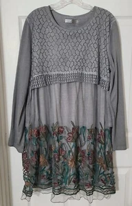 Simply Coture Kleid oder Tunika mit besticktem Overlay Rock Boho grau Gr. Large  - Bild 1 von 15