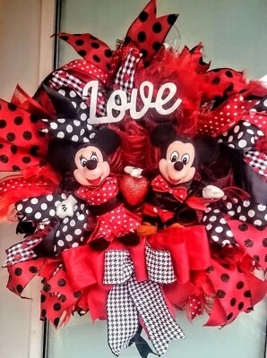 Mickey Minnie Mouse Valentines Day Love Wreath Large Deco Mesh Front Door Decor - Image 1 of 4