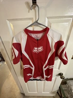 Mens Fox Cycling Bike Jersey Full Zip Red/White Large Back Pockets & Zip Pouch - Image 1 of 4