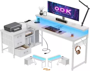 Schreibtisch L Form Computertisch mit Schubladen, Regal, LED, USB, Monitorstände - Bild 1 von 9
