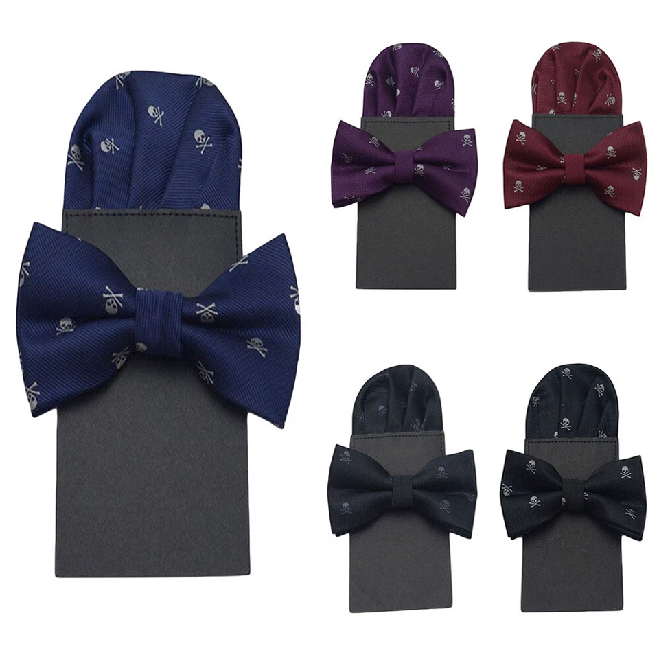 Men's Stylish Skull Bowtie Pocket Square Set Bow Tie Pre-folded Party Hanky  - Image 1 of 1