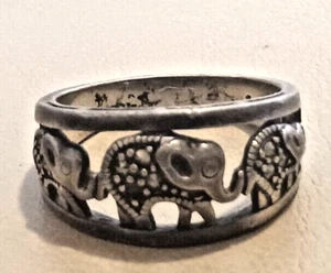 SZ 9.5 MARCASITE STERLING SILVER ELEPHANT  W/TRUNK UP BAND RING W/2 BABIES - Imagen 1 de 9