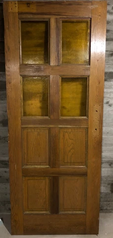 Antique Solid Oak Wood Exterior Door (Church/School House) /w Yellow Glass 34x84 Cover