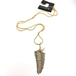 NWT J.CREW CRYSTAL FEATHER NECKLACE RHIENSTONE PEARL GOLD TONE PENDANT - Picture 1 of 10