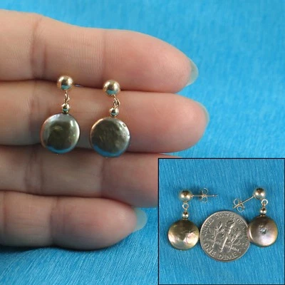 Pendientes colgantes de perlas gris-verde de oro amarillo de 14K (10,5 mm) Foto 1 de 4