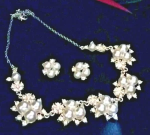 Pearl Rhinestone Silver Tone Set Necklace 16" + Extender & Earrings Formal Prom  - Picture 1 of 5