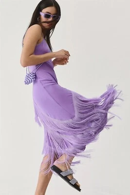 Anthropologie Delfi Collective Asym 流苏丝绸派对礼服紫色 XS 全新带标签 475 美元 — 第 1/4 张图片