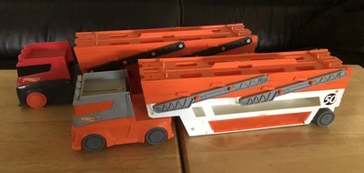 LOT OF 2 Mattel Hot Wheels Haulers 18” Car Carriers 2017 Orange White Grey Red - Image 1 of 4