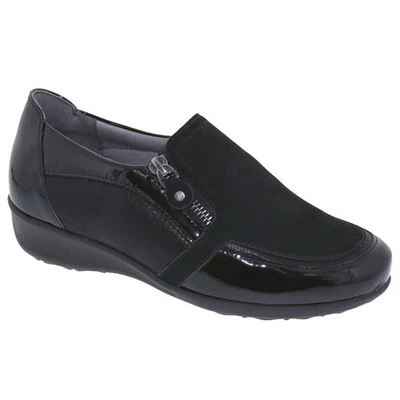 Zapatos Mocasines Drew Padua 9.5 M Negro Charol Gamuza Combo Diabético Confort Cremallera Foto 1 de 4