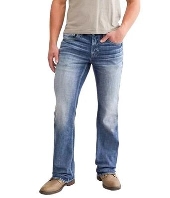 BKE Mens 33R Aiden Boot Jeans Blue Logo Zip Fly Denim Embroidered Bootcut - Image 1 of 4