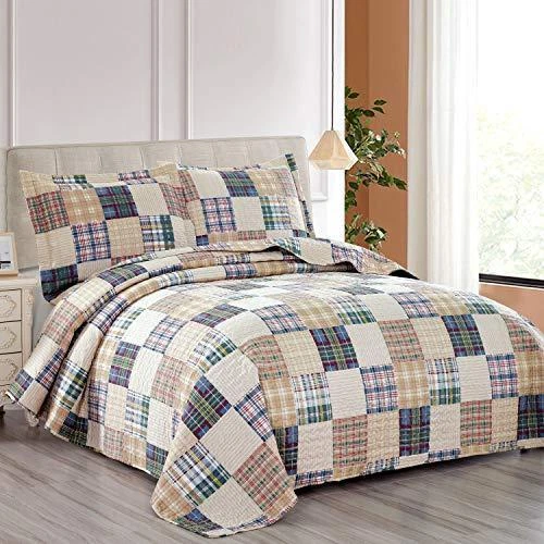 Hailea Beige Plaid Quilt Set Twin Size Country Patchwork Bedding Quilt Lightw...
